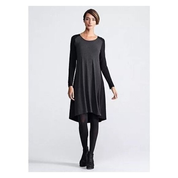 EILEEN FISHER Charcoal Black Soft V-Neck Jersey Colorblock Dress - Picture 1 of 5